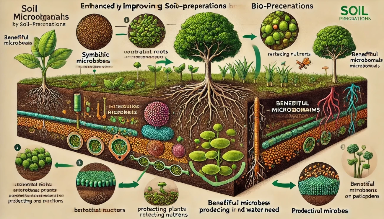 изображение, иллюстрирующее роль биопрепаратов в улучшении почвы посредством полезной микробной активности. Каждый ключевой процесс изображен, чтобы подчеркнуть, как эти элементы работают вместе для поддержания здоровья растений и структуры почвы.