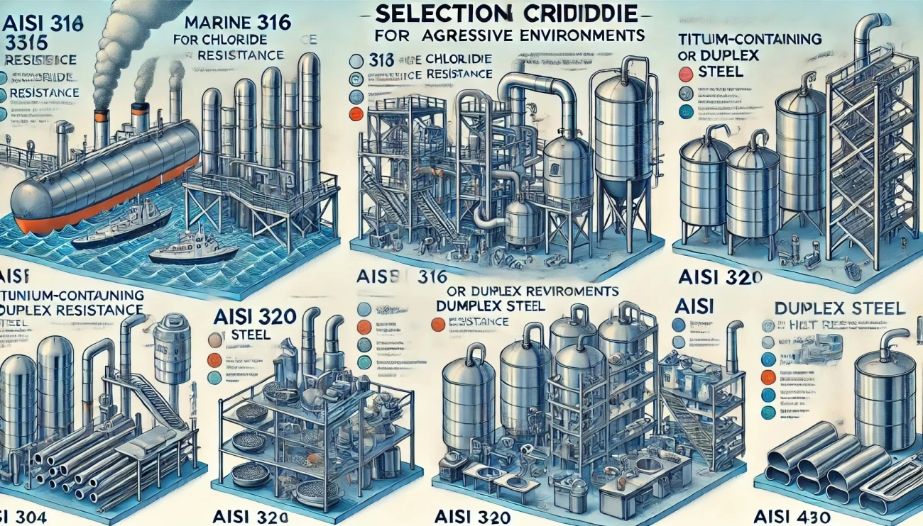 На изображении представлено визуальное объяснение выбора нержавеющей стали для агрессивных сред. Каждый раздел демонстрирует типичные условия и соответствующие марки стали: морская среда для AISI 316, химические заводы для титансодержащей стали или дуплексных марок, высокотемпературные условия для AISI 321 и экономичные решения для AISI 304 и AISI 430. Каждый раздел аннотирован, подчёркивая ключевые характеристики и области применения.