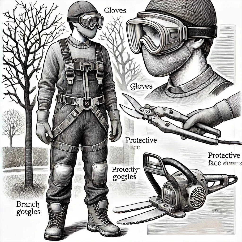 изображение экипировки оператора для работы с сучкорезом, включающее все необходимые элементы защиты.