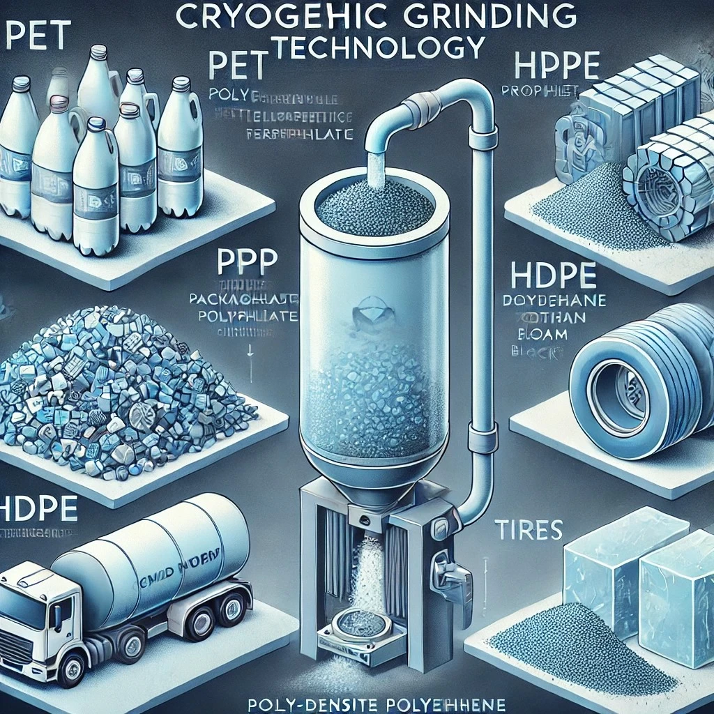 Инфографика демонстрирует процесс криогенного дробления, где пластмассы (ПЭТ, ПП, ПЭНД), резина и пенополиуретан охлаждаются жидким азотом, становятся хрупкими и легко измельчаются.