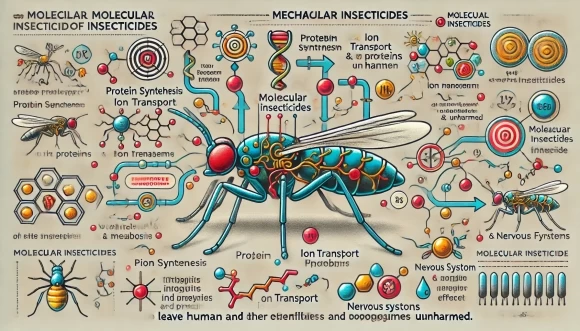 инфографическая иллюстрация, показывающая, как работают молекулярные инсектициды. Она выделяет ключевые биологические процессы, такие как синтез белка, транспорт ионов, метаболизм и функции нервной системы в насекомом, с четкими визуальными подсказками о том, как молекулярные взаимодействия избирательно подавляют специфичные для насекомых цели.