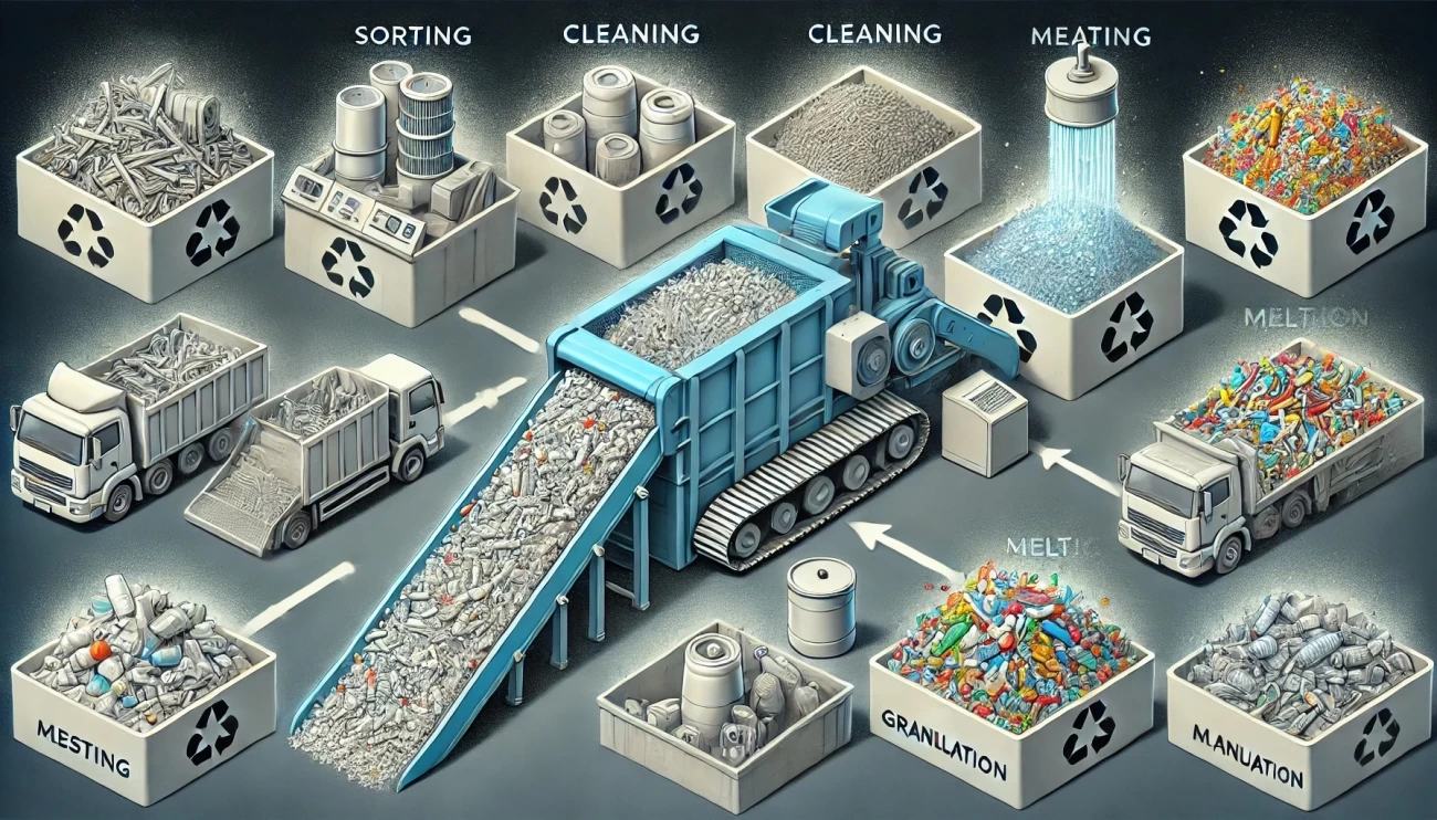 изображение, демонстрирующее шредер как важное звено в процессе переработки пластиковых отходов. Оно подчеркивает его роль в подготовке материала для дальнейших стадий переработки, таких как сортировка, очистка, плавка и грануляция