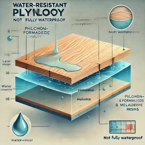 иллюстрация, показывающая влагостойкость фанеры и демонстрирующая слои материала с акцентом на клеевые составы. 