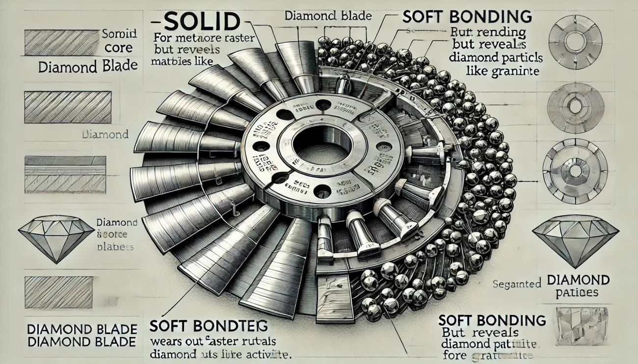 изображение, показывающее структуру и состав алмазного лезвия, выделяющее металлический сердечник, сегментированный ободок с алмазным покрытием и метки для сплошных и сегментированных типов и характеристики связующего материала. 