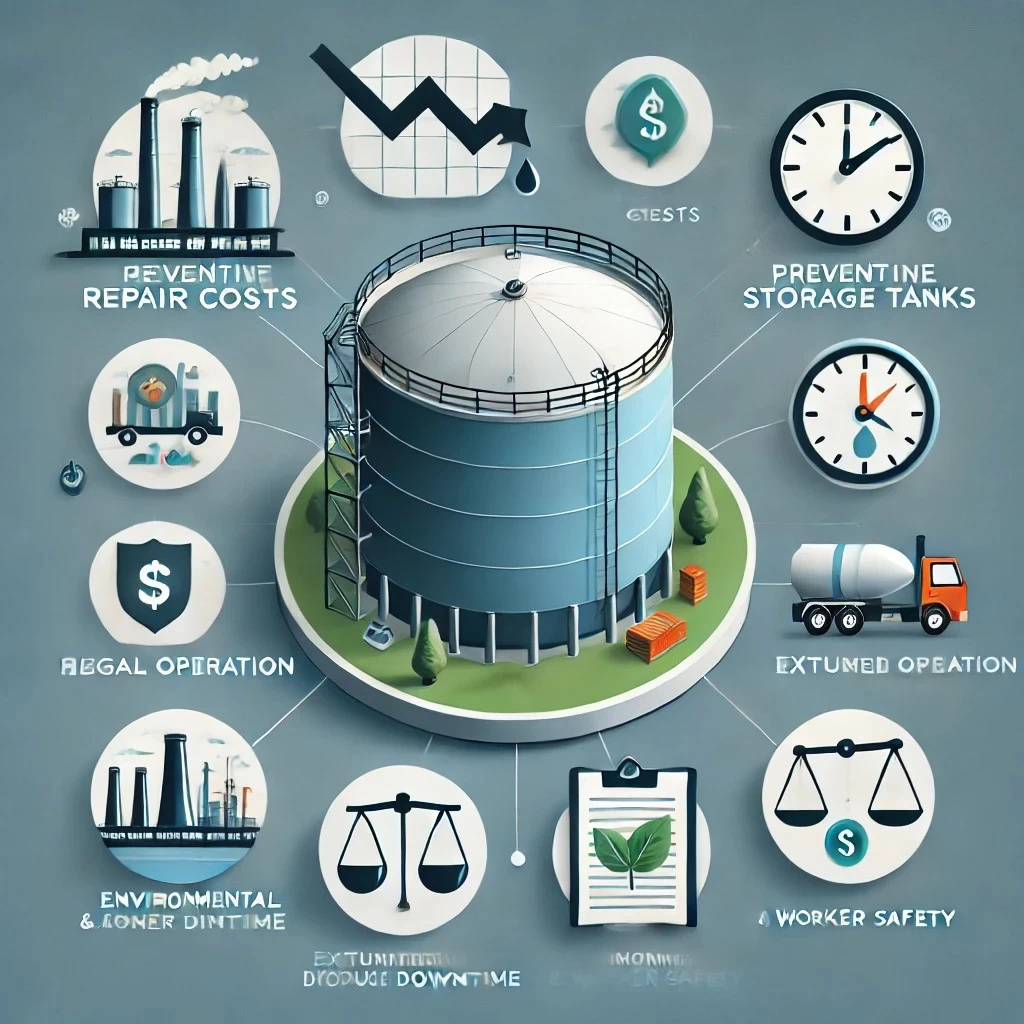 изображение, иллюстрирующее экономическую выгоду профилактического обслуживания резервуаров. Оно визуализирует ключевые преимущества: снижение затрат на ремонт, предотвращение простоев, продление срока службы, уменьшение рисков штрафов и экологических санкций, а также повышение безопасности.