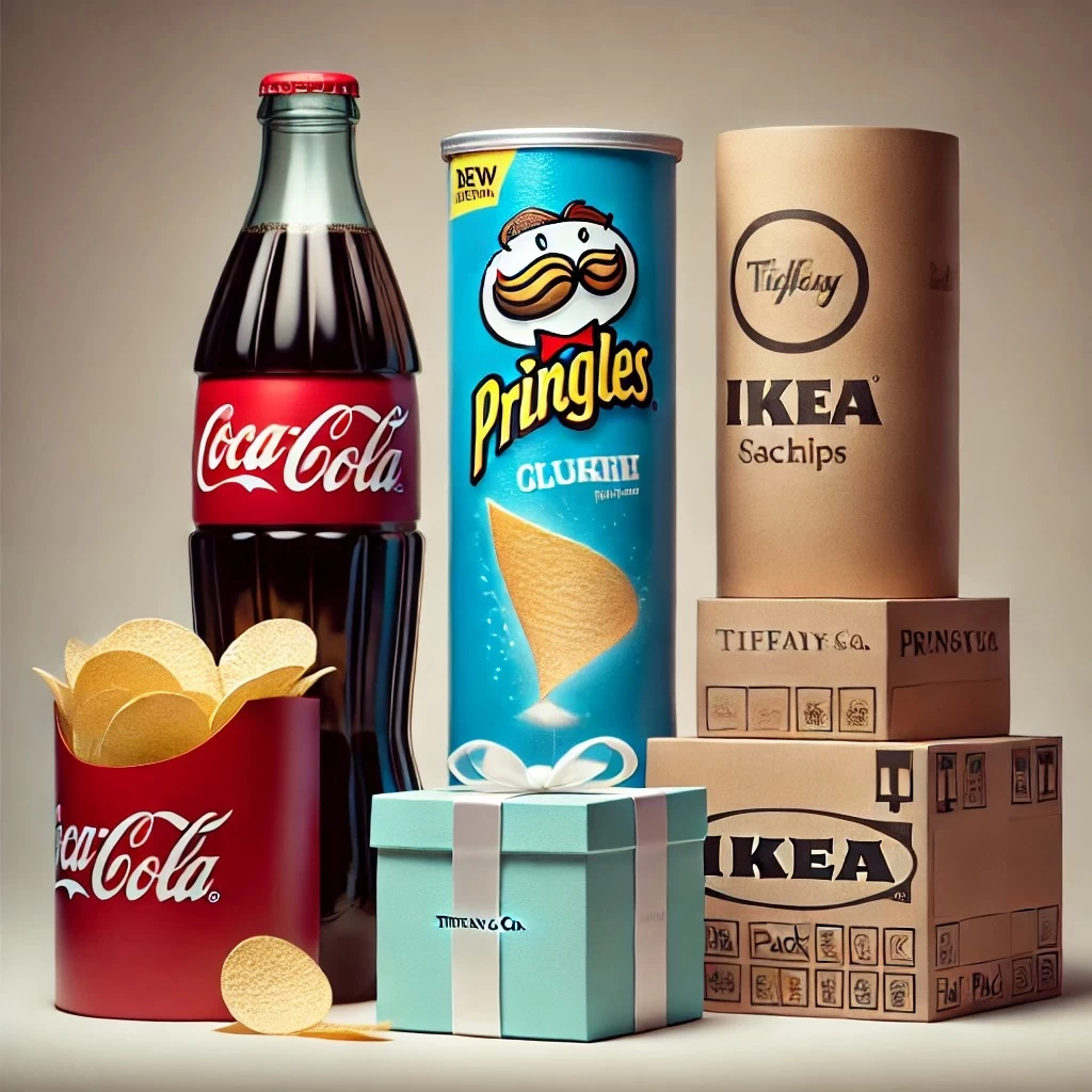 изображение с примерами успешных кейсов упаковки, включая Coca-Cola, Pringles, Tiffany & Co. и IKEA. Эти бренды стали иконами благодаря уникальному дизайну своей упаковки.