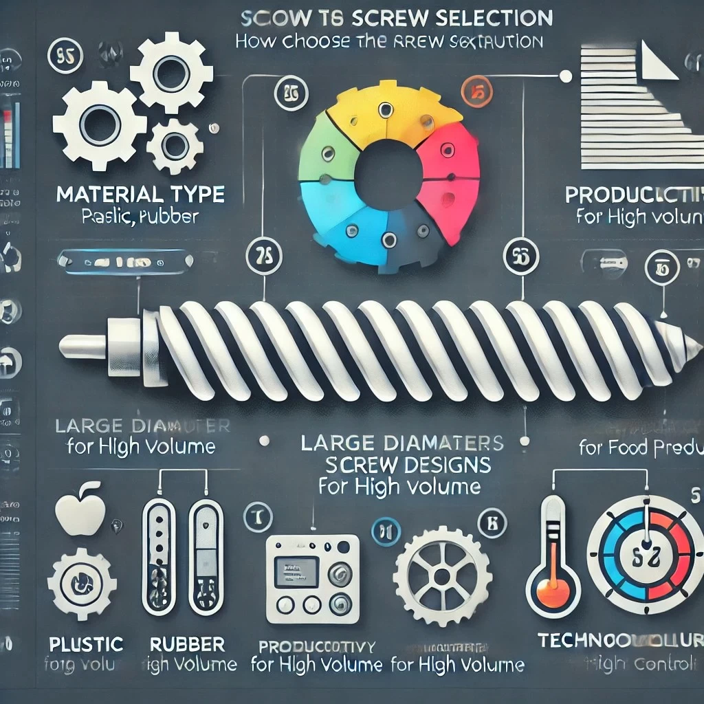 инфографика, которая иллюстрирует, как выбрать подходящий шнек для экструдера, учитывая тип материала, производительность и технологические требования. Это наглядное руководство поможет понять ключевые факторы выбора шнека для различных экструзионных процессов.