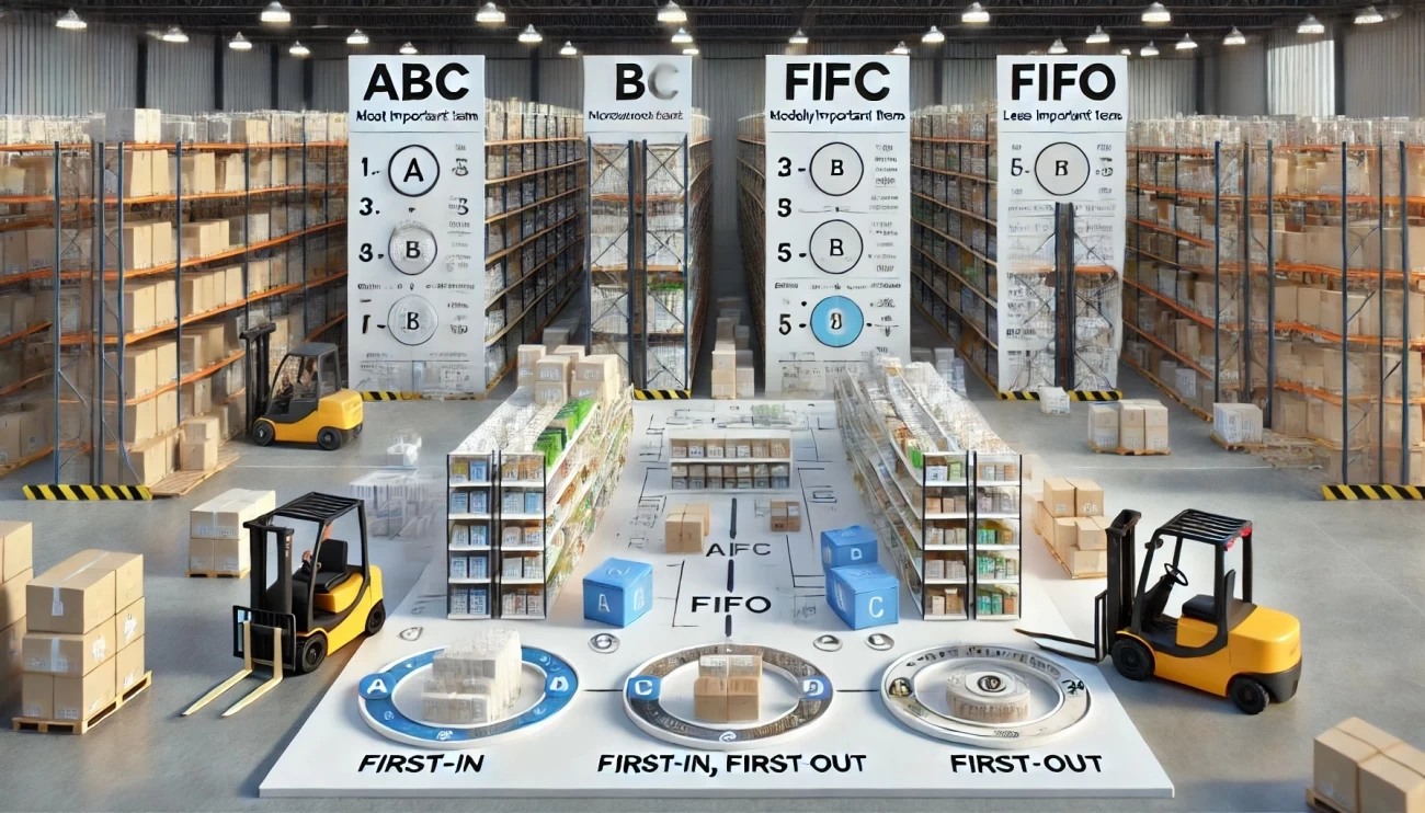 иллюстрация складской установки с использованием принципов ABC и FIFO. Она подчеркивает, как высокоприоритетные товары размещаются вблизи зоны разгрузки, и демонстрирует расположение FIFO для обеспечения эффективного оборота запасов