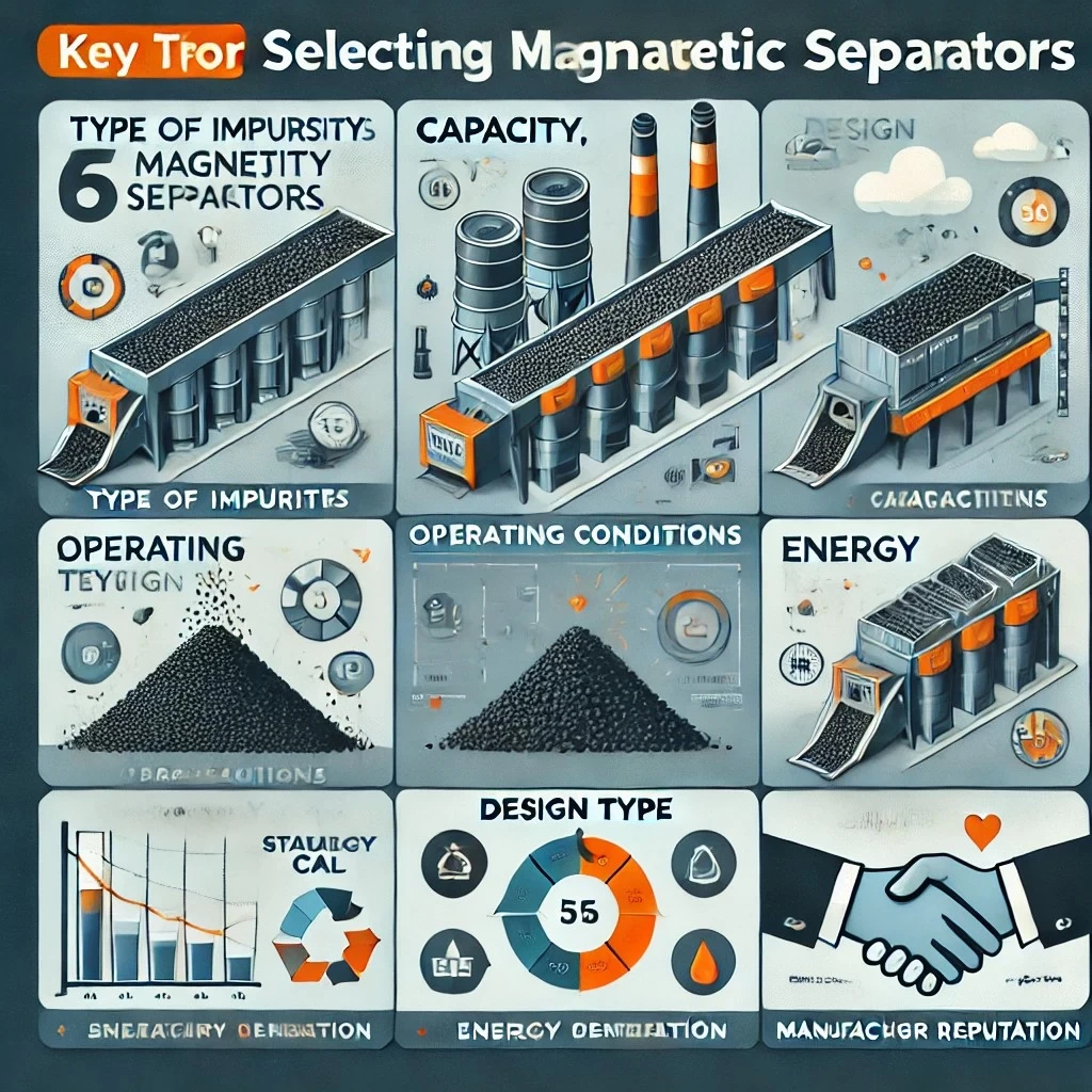 Изображение представляет ключевые советы по выбору магнитных сепараторов для угольной промышленности, включая визуализацию каждого аспекта, от типов примесей до энергоэффективности и надежности производителя.