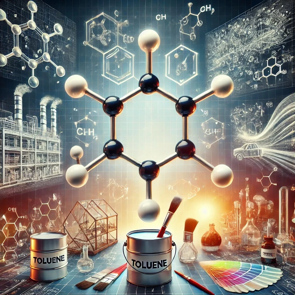 изображение, визуализирующее толуол (C₆H₅CH₃) и его основные области применения. Оно включает молекулярную структуру толуола, а также символические элементы, такие как банка краски, лабораторные стеклянные ёмкости и промышленный объект, отражающие его использование в лакокрасочных материалах, экстракции сложных соединений и очистке промышленных смесей.