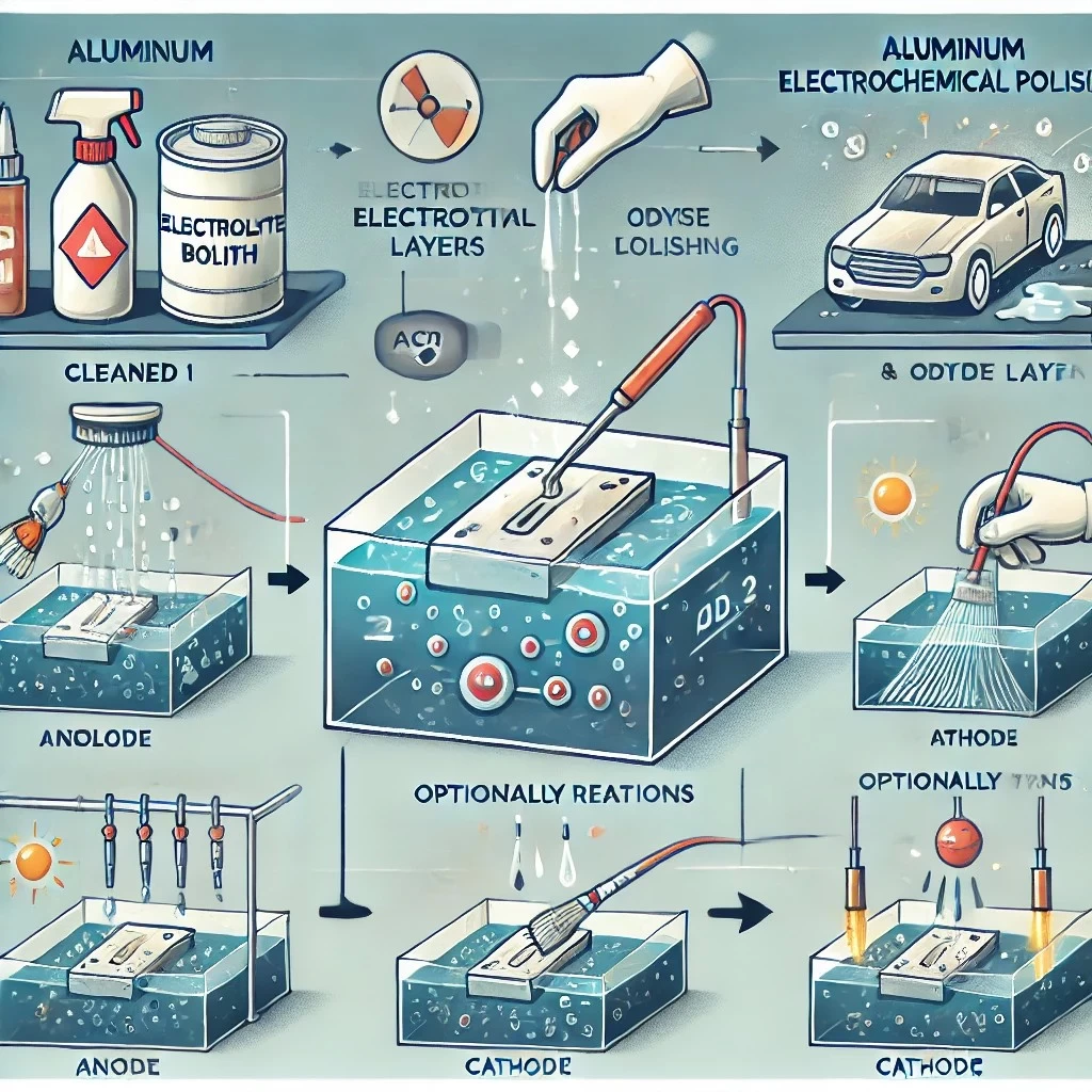 визуализация процесса электрохимической полировки алюминия с последовательными этапами.
