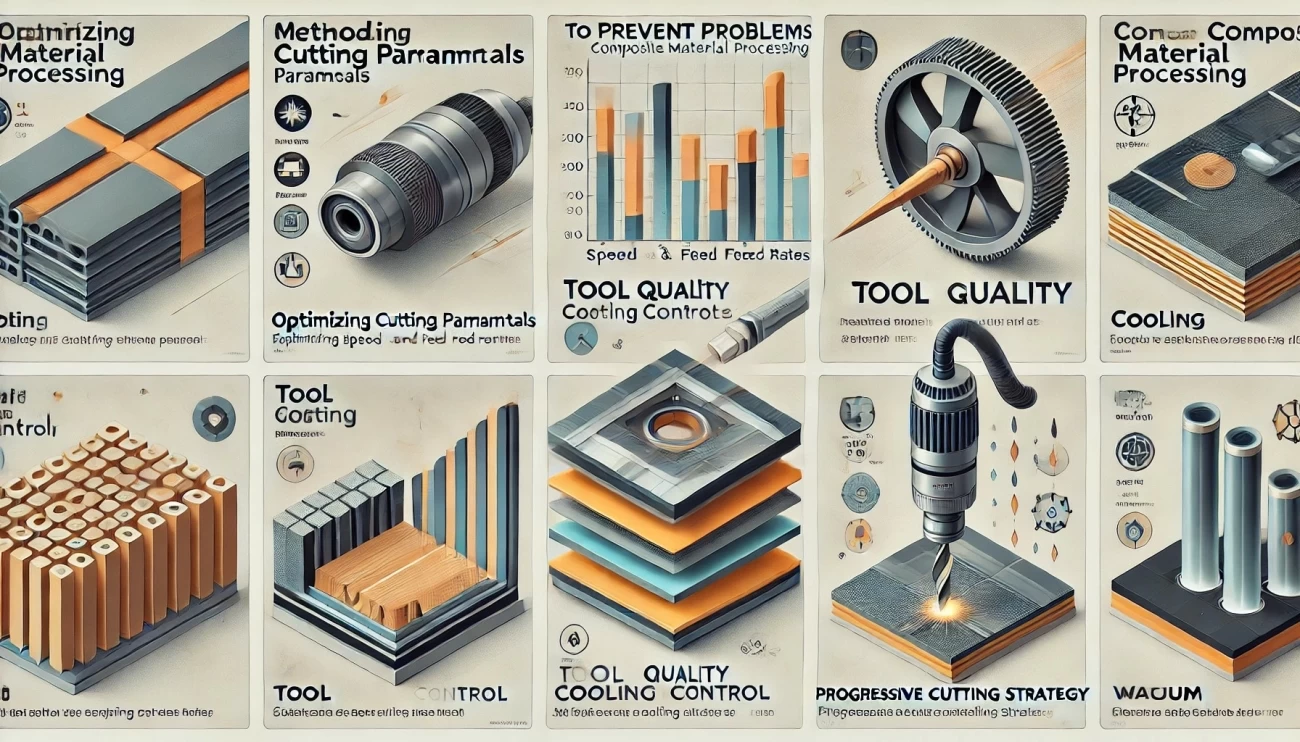 Изображение иллюстрирует методы предотвращения проблем при обработке композитных материалов, акцентируя внимание на ключевых аспектах: оптимизация режимов резания, системы охлаждения, контроль качества инструмента, использование вакуумных систем и прогрессивная стратегия обработки.