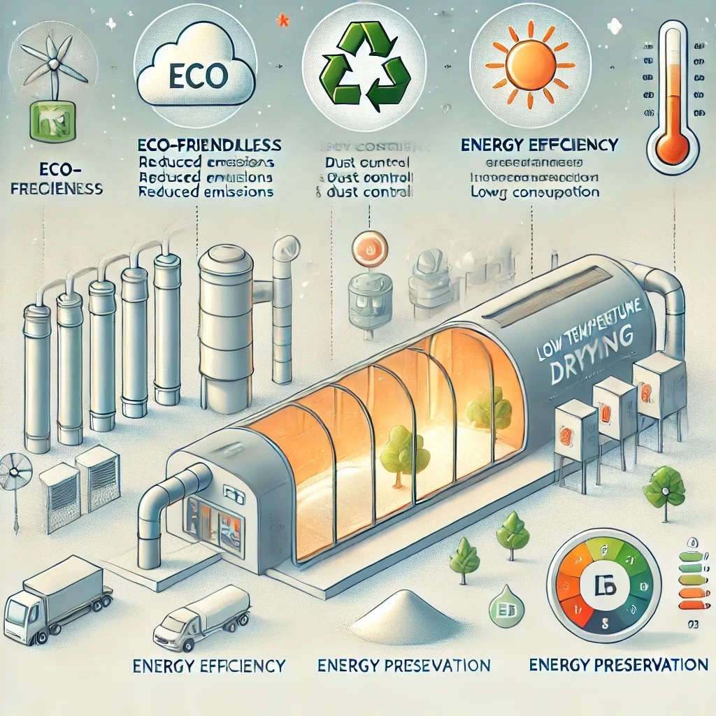 Изображение иллюстрирует преимущества низкотемпературной сушки, выделяя экологичность, энергоэффективность и сохранение ресурса. 