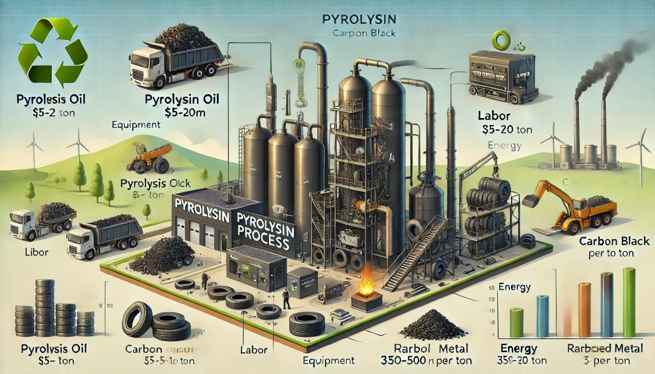 изображение, иллюстрирующее процесс пиролиза и его экономический анализ. Оно показывает промышленную установку, выделяя основные элементы: реактор, резервуары для масла, выход углерода и металлов. Также добавлены пояснения по затратам: оборудование, рабочая сила и энергопотребление.