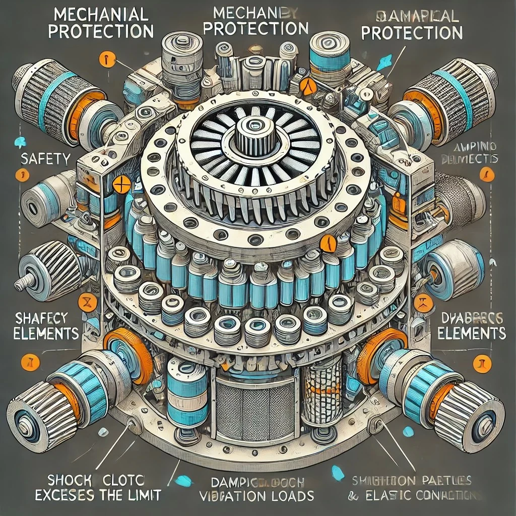 изображение, иллюстрирующее системы защиты от перегрузок, включая предохранительные муфты, демпфирующие элементы и фильтры.