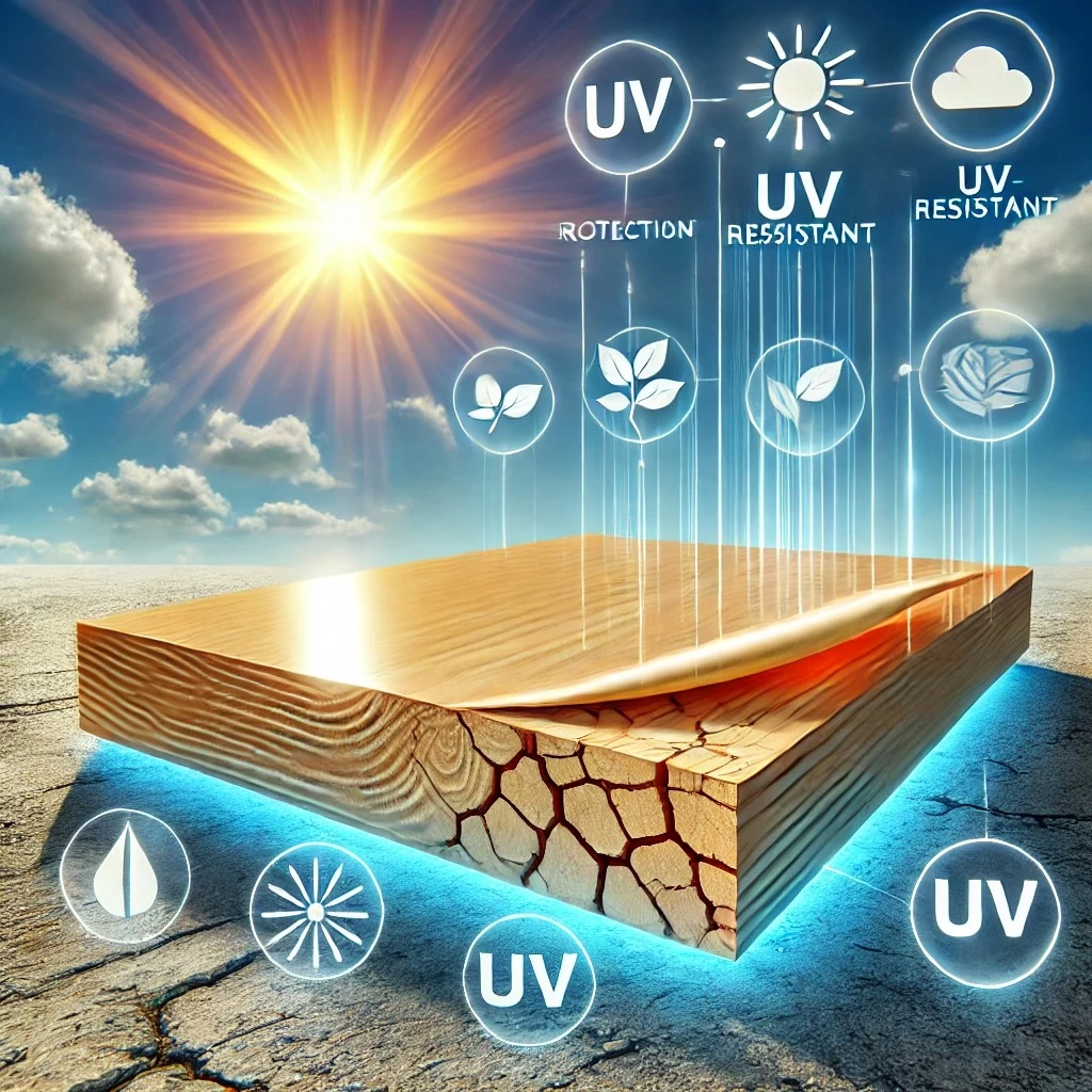 На изображении представлена ламинированная фанера, находящаяся на открытом воздухе под солнечными лучами. Слева показана фанера с защитным покрытием, которое отражает солнечный свет и предотвращает повреждения от ультрафиолета. Справа для контраста изображён кусок фанеры без защиты, на котором видны трещины и обесцвечивание, вызванные воздействием солнца. Фон подчёркивает яркий солнечный день с голубым небом, символизируя интенсивное воздействие ультрафиолета. Изображение акцентирует преимущества УФ-стабилизации и защитных покрытий для долговечности фанеры в уличных условиях.