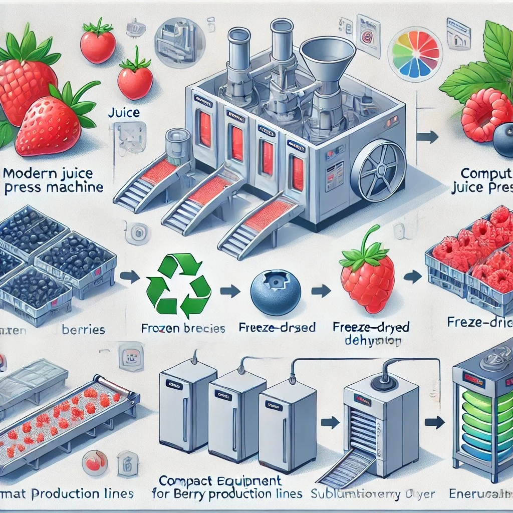 Изображение иллюстрирует основные аспекты выбора оборудования для переработки ягод: от определения конечного продукта до энергоэффективности и возможности модернизации.
