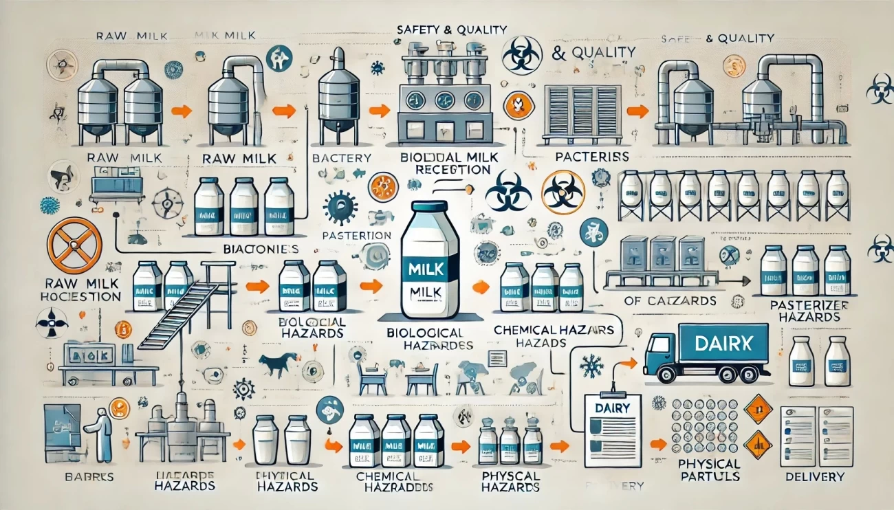 изображение, иллюстрирующее процесс обеспечения безопасности и качества продукции на молокозаводах, включая идентификацию биологических, химических и физических опасностей на различных этапах производства молочной продукции.