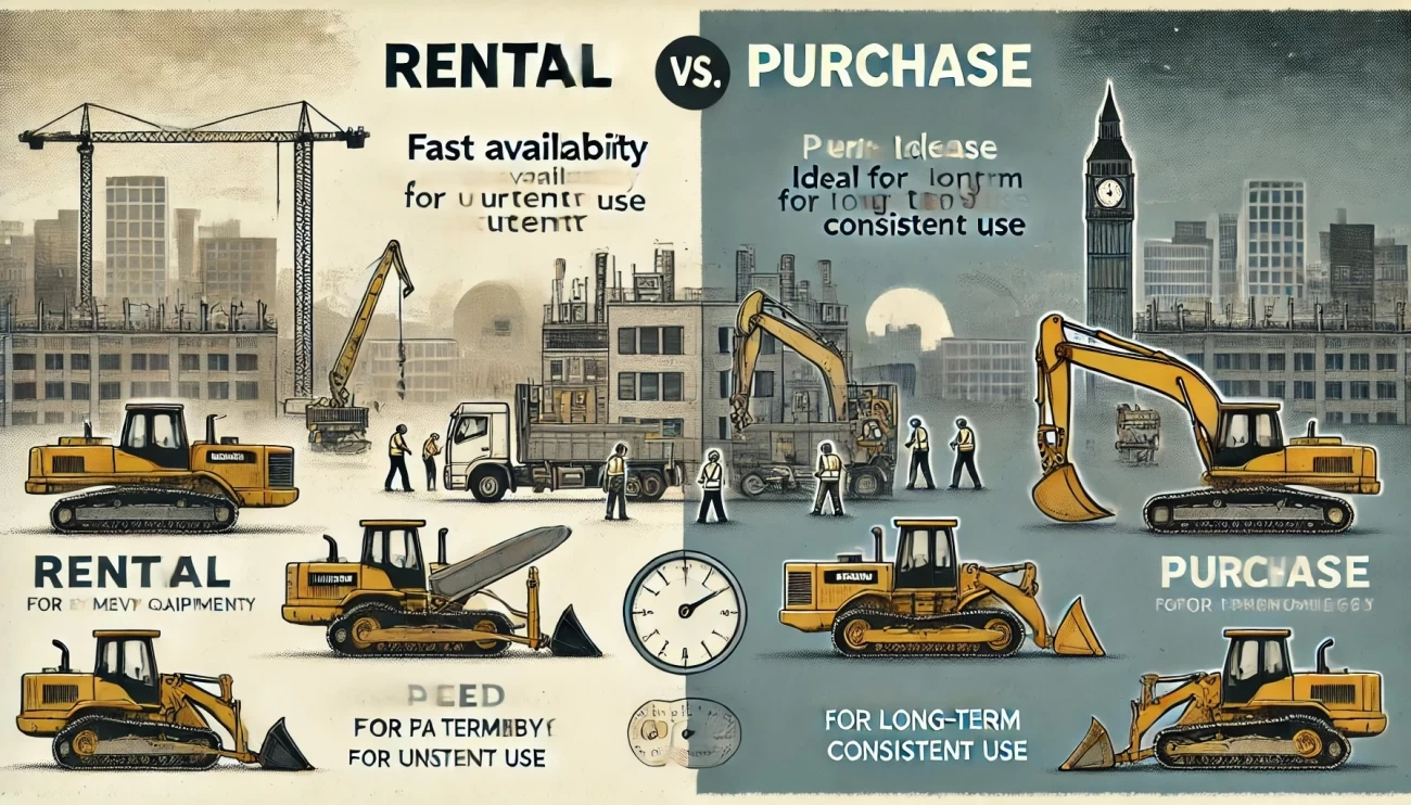 иллюстрация, подчеркивающая контраст между арендой и покупкой тяжелого оборудования, адаптированная под ваш запрос. 