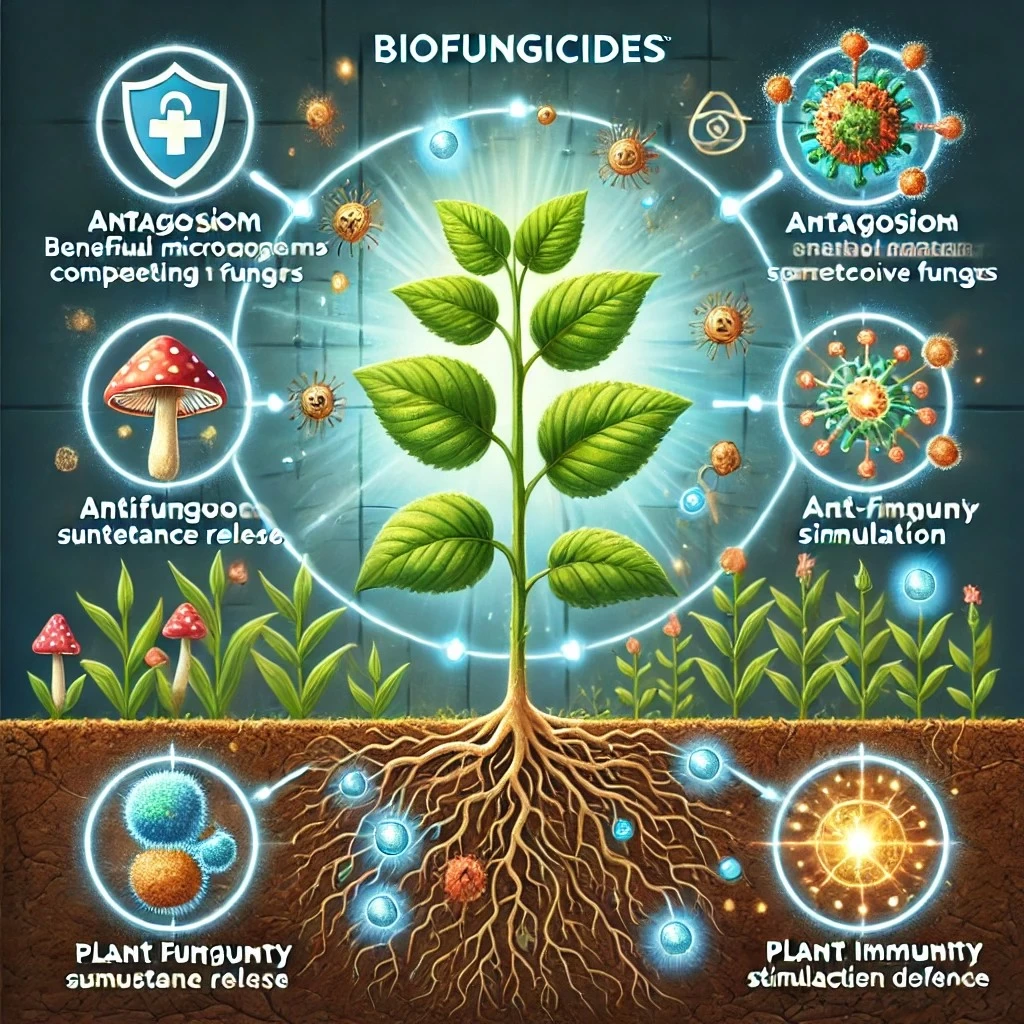 Иллюстрация, демонстрирующая эффективность и механизмы действия биофунгицидов. Она отражает антагонизм, выделение антифунгальных веществ и стимуляцию иммунитета растений.