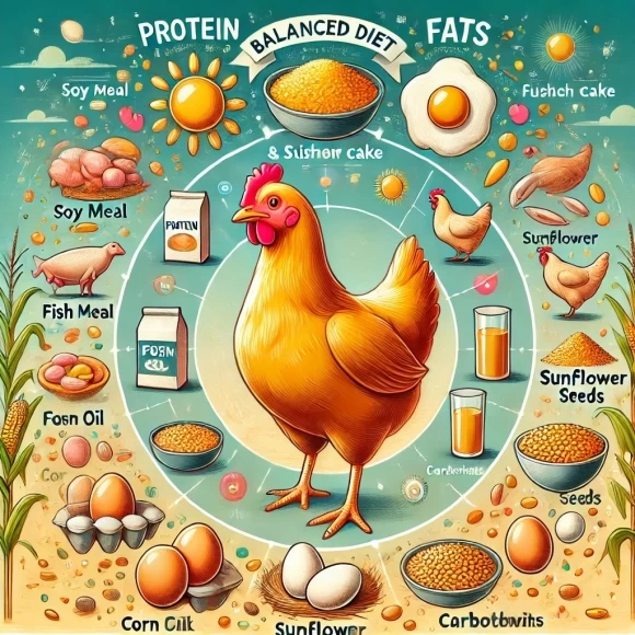 изображение, которое иллюстрирует сбалансированный рацион для кур-несушек, показывая правильное соотношение белков, жиров и углеводов для поддержания их здоровья, продуктивности и качества яиц