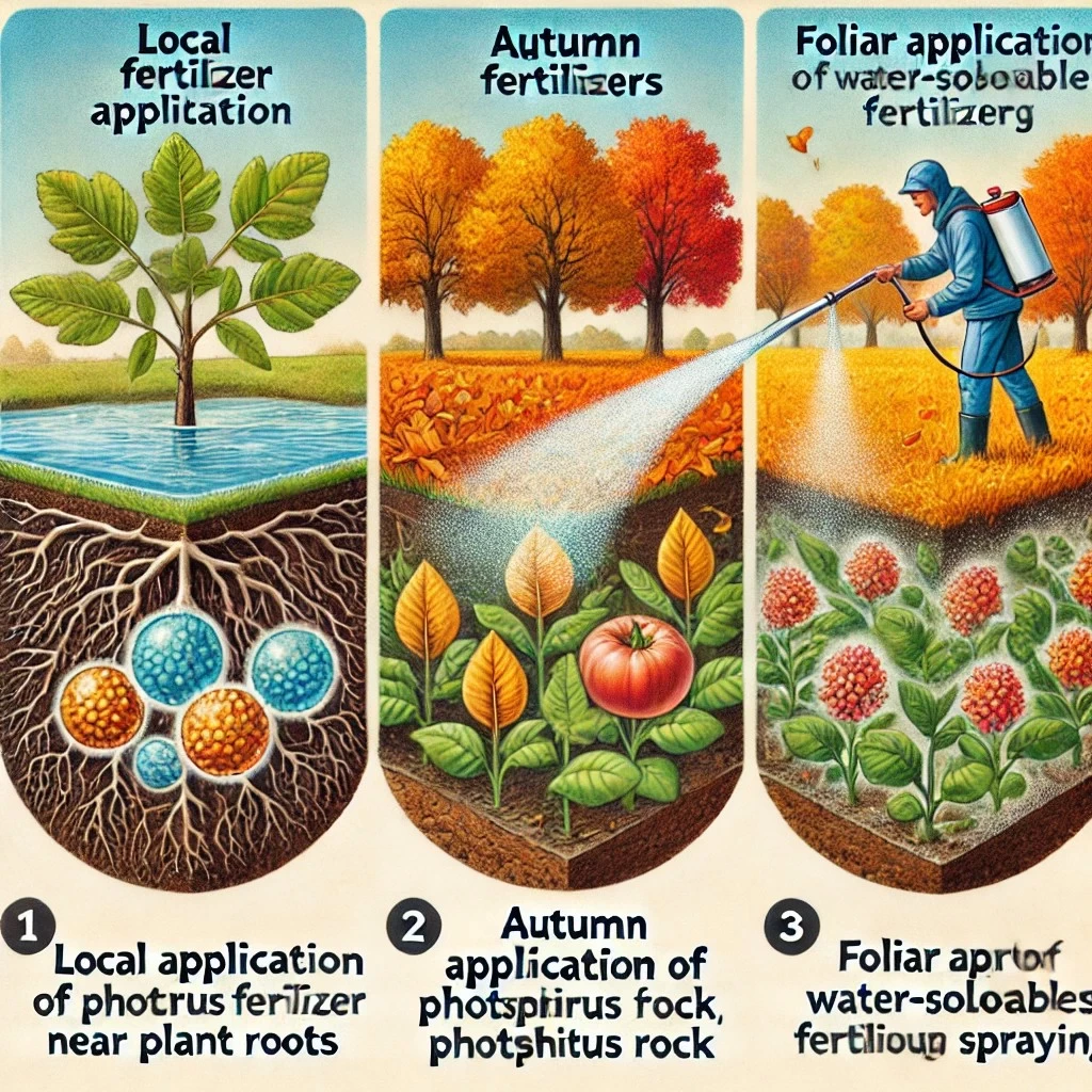 Изображение иллюстрирует три способа внесения удобрений: локальное внесение, осеннее внесение и листовую подкормку