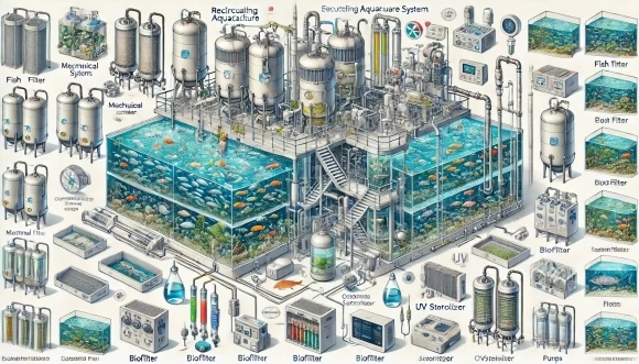 иллюстрация системы замкнутого водоснабжения (RAS), которая наглядно представляет основные компоненты, включая рыбоводные бассейны, фильтрационные установки, систему аэрации, насосы и устройства мониторинга. Каждая часть системы маркирована для ясности, подчеркивая замкнутый цикл воды, необходимый для устойчивой аквакультуры. 