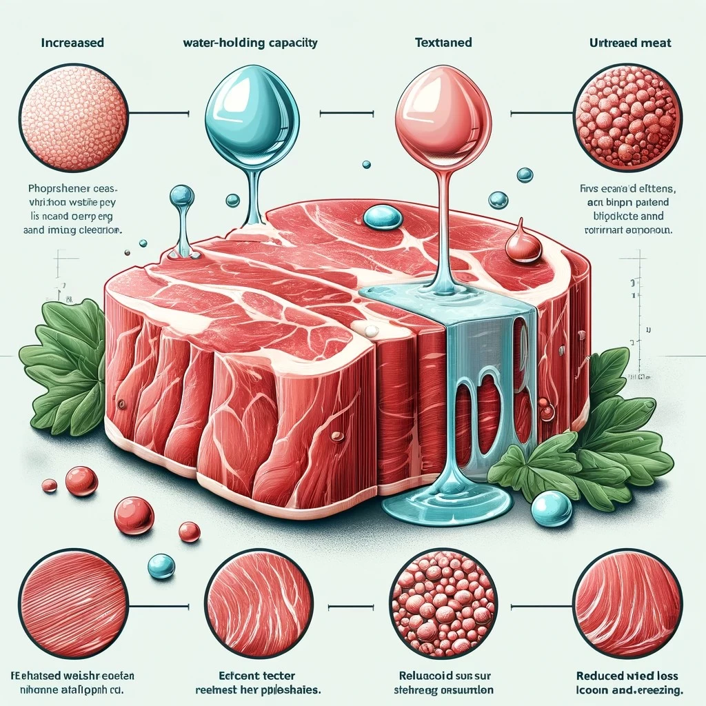иллюстрация, наглядно объясняющая роль фосфатов в переработке мяса. Она показывает влияние обработки фосфатом на текстуру мяса и удержание влаги, а также отмеченные преимущества, такие как улучшенная влагоудерживающая способность, улучшенная текстура и снижение потери массы при заморозке и приготовлении.