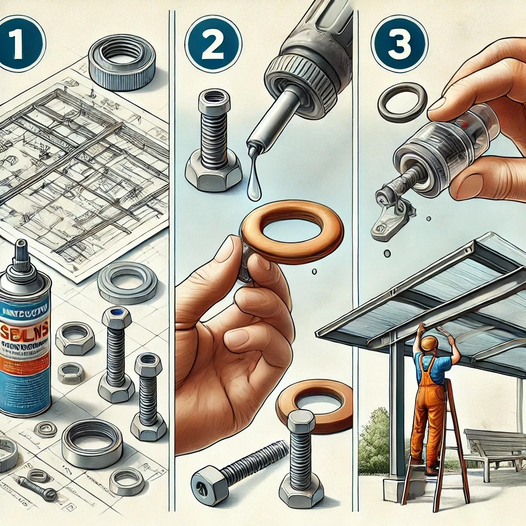 Визуализация ключевых этапов установки и обслуживания фурнитуры для навесов. Она иллюстрирует проверку крепежа, использование герметика и регулярный осмотр конструкции для продления её срока службы.