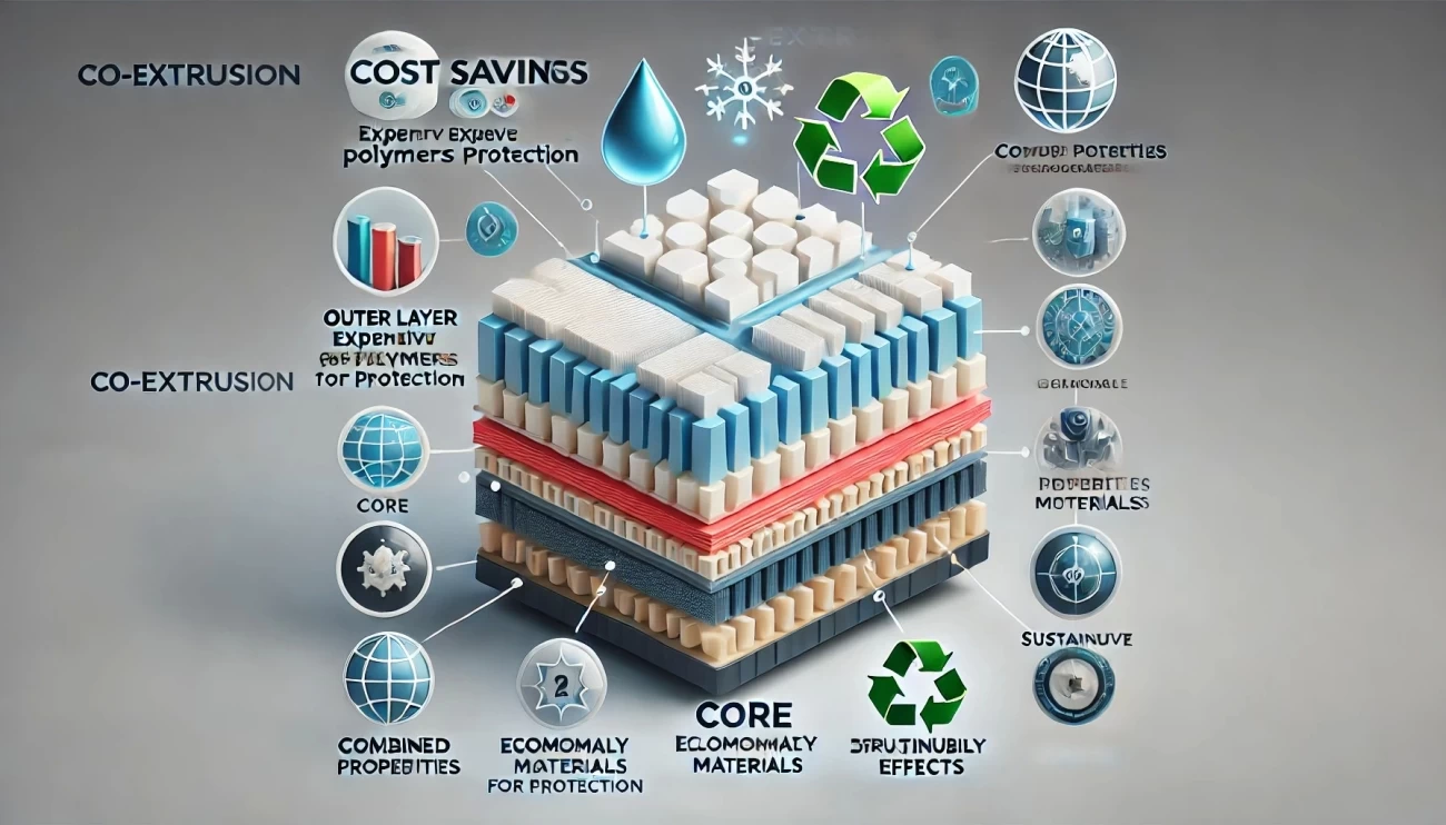 На изображении представлена визуально информативная иллюстрация, объясняющая преимущества метода коэкструзии. В центре находится трехмерная модель материала, изготовленного методом коэкструзии. Модель разделена на слои, которые обозначены