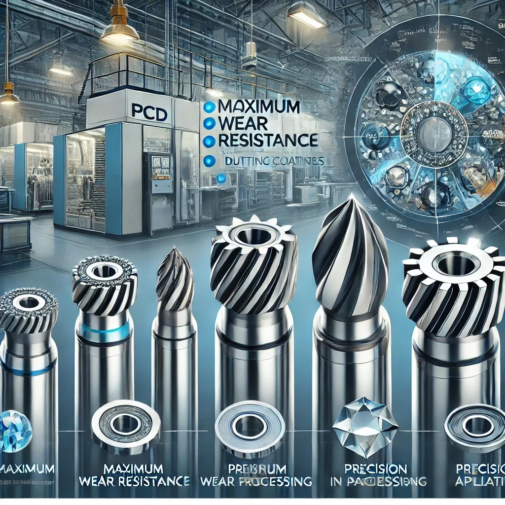изображение, иллюстрирующее фрезы с алмазным покрытием (PCD) в высокотехнологичной индустриальной обстановке. На изображении подчеркиваются преимущества, такие как износостойкость и точность обработки, а также показаны отрасли применения, включая автомобильную, авиакосмическую, медицинскую и электронику.