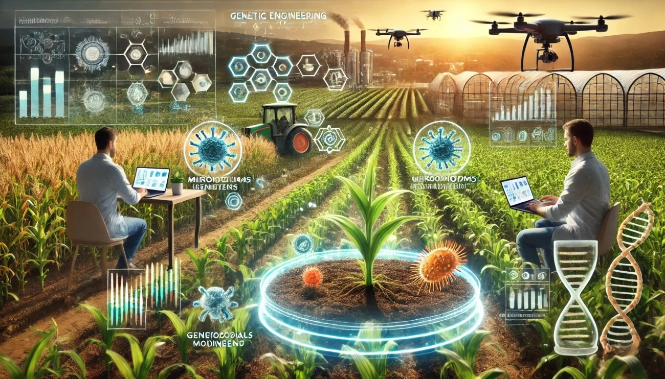 изображение, иллюстрирующее современные достижения в области сельского хозяйства с упором на генную инженерию для обеспечения устойчивости сельскохозяйственных культур и улучшения здоровья растений. 