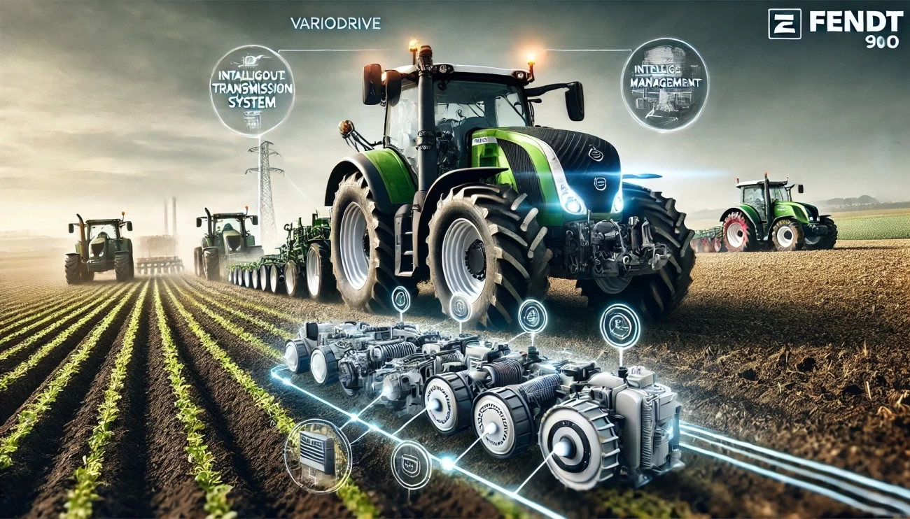  изображение, демонстрирующее трактор Fendt 900 с системой трансмиссии VarioDrive, которая обеспечивает плавное управление скоростью и тягой. Также показана интеллектуальная система управления, автоматически настраивающая двигатель и трансмиссию для максимальной эффективности. 