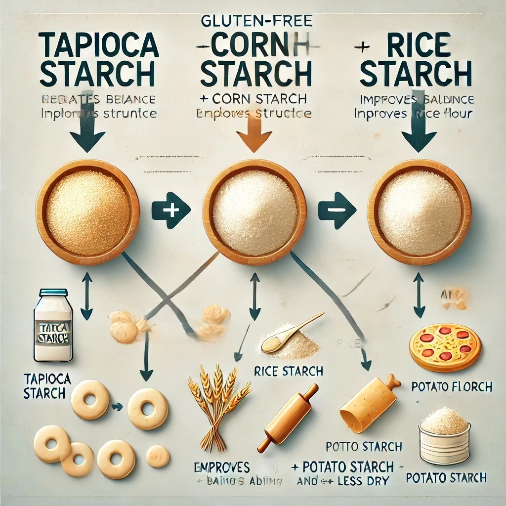 инфографика, иллюстрирующая комбинированное использование крахмалов в безглютеновой выпечке. Она демонстрирует, как разные сочетания крахмалов и муки влияют на текстуру теста.