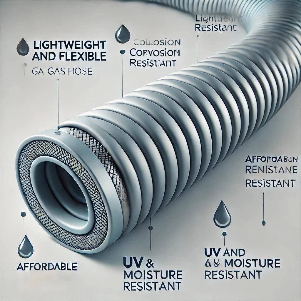 На изображении показан современный гибкий газовый шланг из полимерного материала с армированием, демонстрирующий его гибкость, легкость и устойчивость к коррозии.