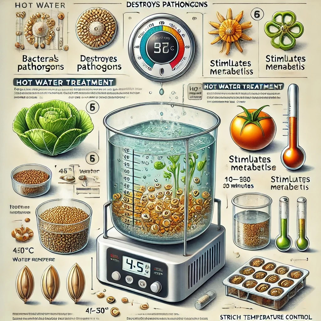 иллюстрация, демонстрирующая основные этапы термической обработки семян горячей водой. 
