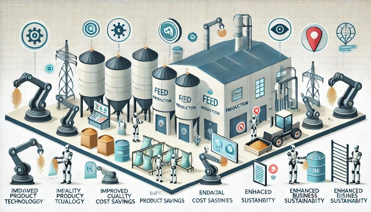 Изображение демонстрирует преимущества цифровых и роботизированных технологий в производстве кормов, включая повышение качества продукции, снижение затрат и устойчивость бизнеса.