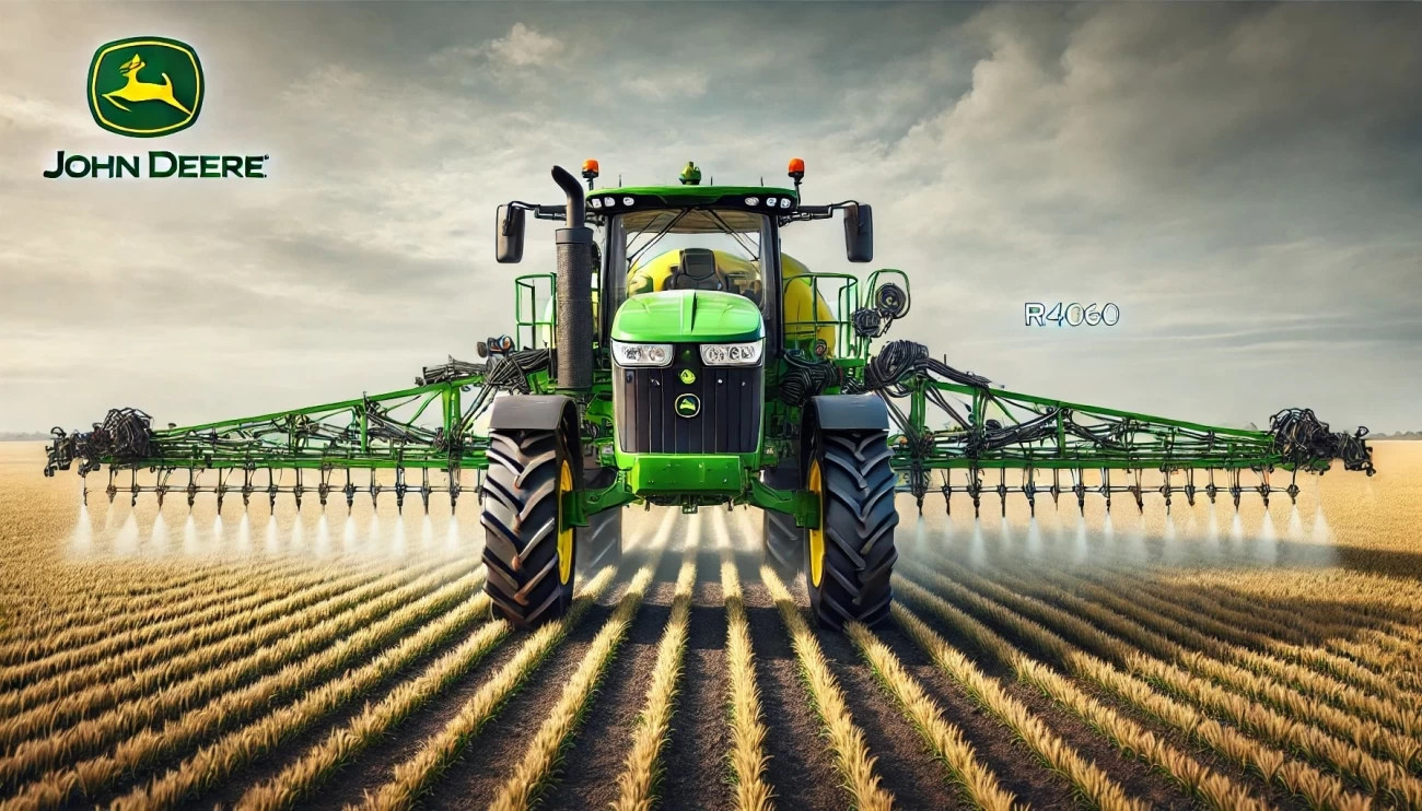 изображение трактора John Deere R4060, отличающегося мощной конструкцией и усовершенствованными системами управления, оптимизированными для крупномасштабных сельскохозяйственных работ.