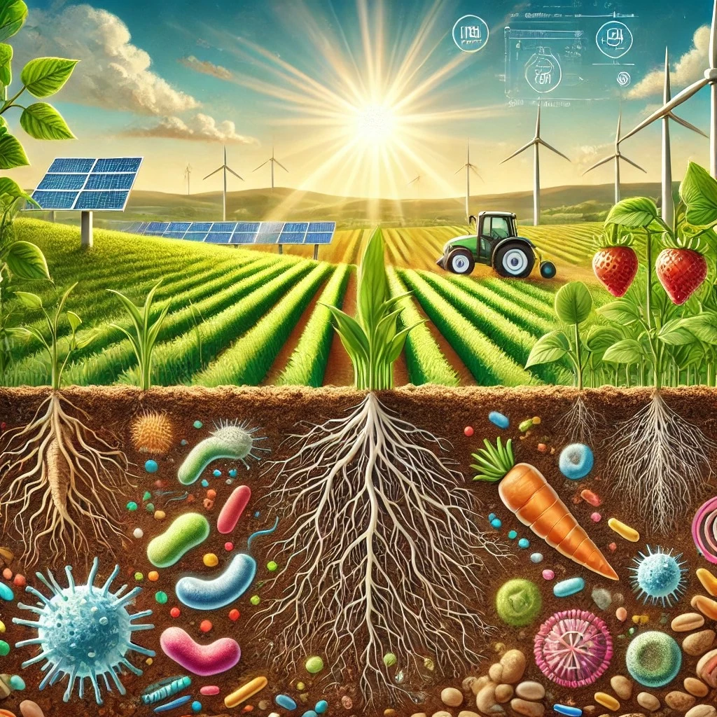 На изображении представлено современное сельское хозяйство, ориентированное на устойчивое развитие. В нижней части показан слой здоровой почвы, где можно увидеть иллюстрации полезных микроорганизмов, таких как бактерии и грибы, взаимодействующих с корнями растений.