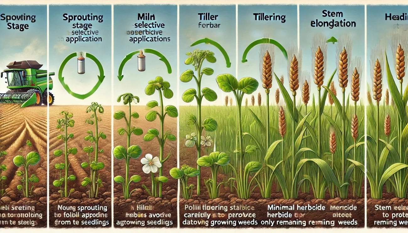 иллюстрация, демонстрирующая различные стадии роста зерновых культур, с конкретным применением гербицидов, адаптированным к каждой стадии.