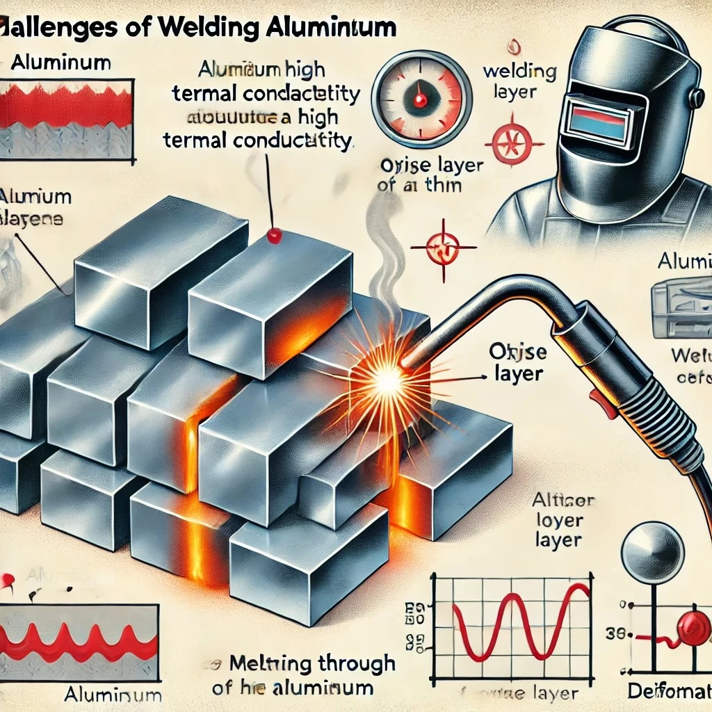образовательная иллюстрация, которая наглядно представляет уникальные проблемы сварки алюминия, подчеркивая его высокую теплопроводность, оксидный слой и чувствительность к перегреву и деформации.