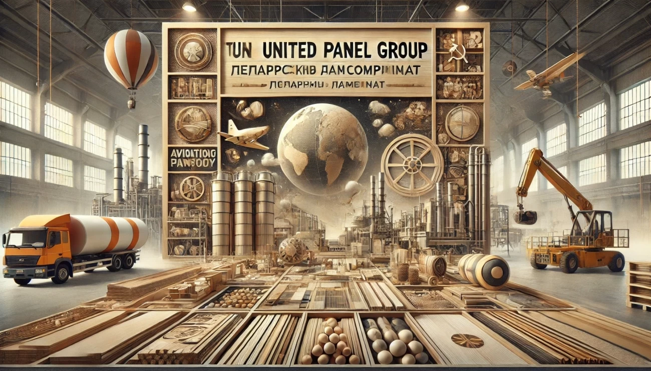 изображение, представляющее United Panel Group (Жешартский Фанерный Комбинат), отражающее ее исторические корни и нынешний глобальный производственный охват.