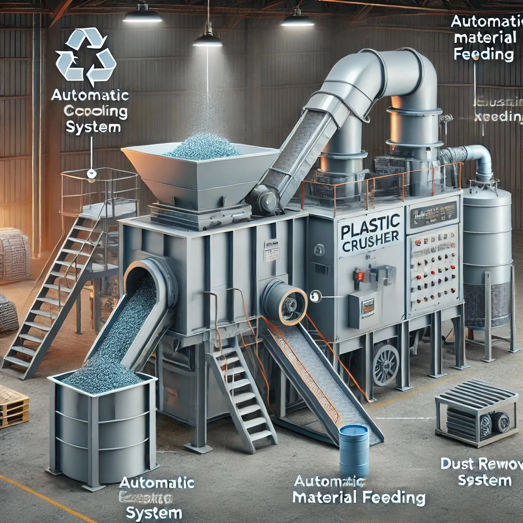 изображение дробильной машины для переработки пластика, оснащённой дополнительными функциями, такими как система охлаждения для предотвращения перегрева, автоматическая подача материала для равномерного процесса и система пылеудаления для обеспечения безопасности и чистоты на рабочем месте. 