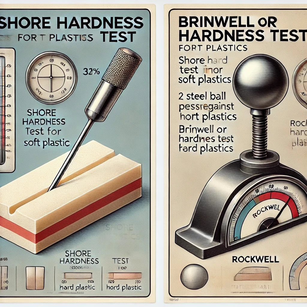 Изображение демонстрирует два метода испытания твердости пластика: метод Шора для мягких пластиков и метод Бринелля или Роквелла для твердых материалов.