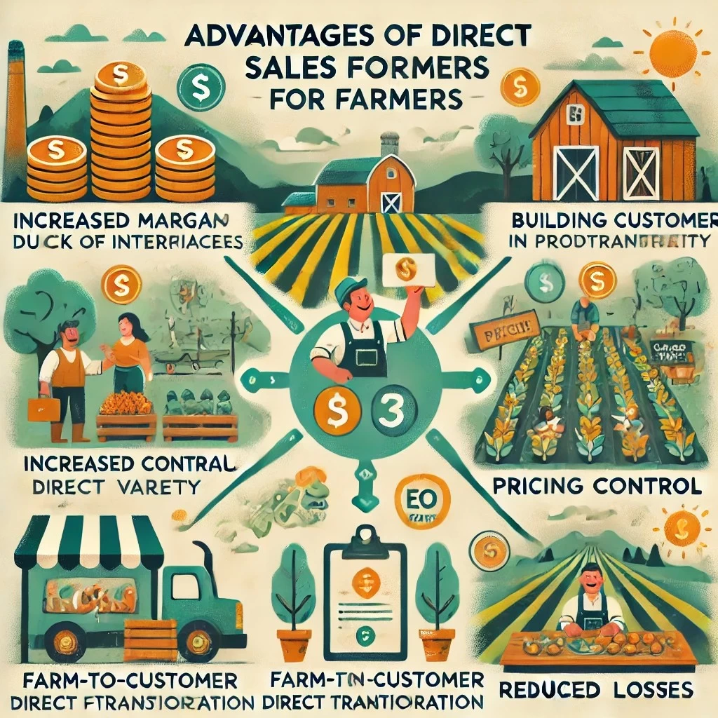 инфографика, иллюстрирующая «Преимущества прямых продаж для фермеров». Дизайн подчеркивает каждое преимущество с помощью простых иконок и естественной цветовой палитры, чтобы усилить ощущение сельской доступности.