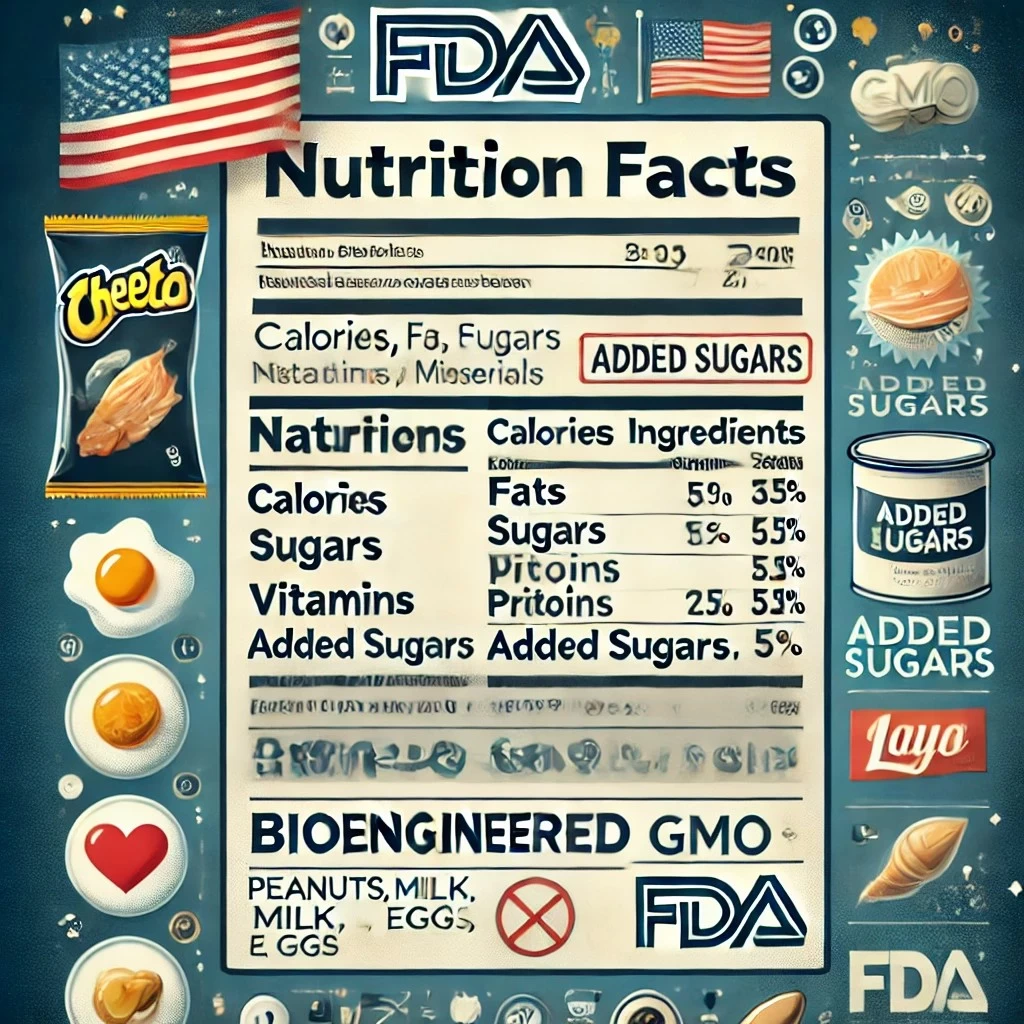 изображение в стиле инфографики, иллюстрирующее ключевые требования FDA к маркировке пищевых продуктов, включая панель Nutrition Facts, список ингредиентов, маркировку аллергенов и ГМО.