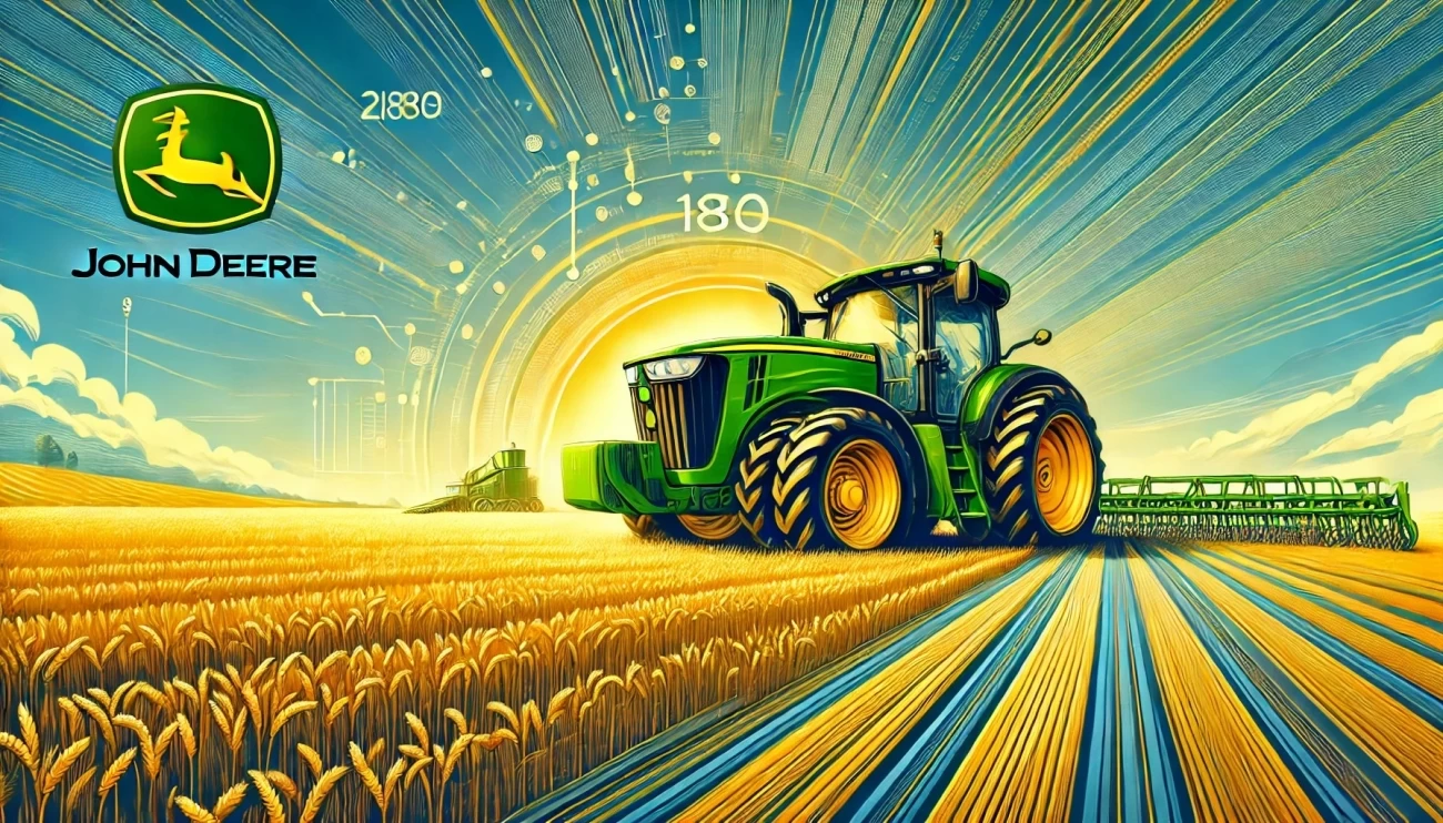 Изображение демонстрирует трактор John Deere на фоне золотого пшеничного поля, символизируя надежность, инновации и богатую историю бренда.