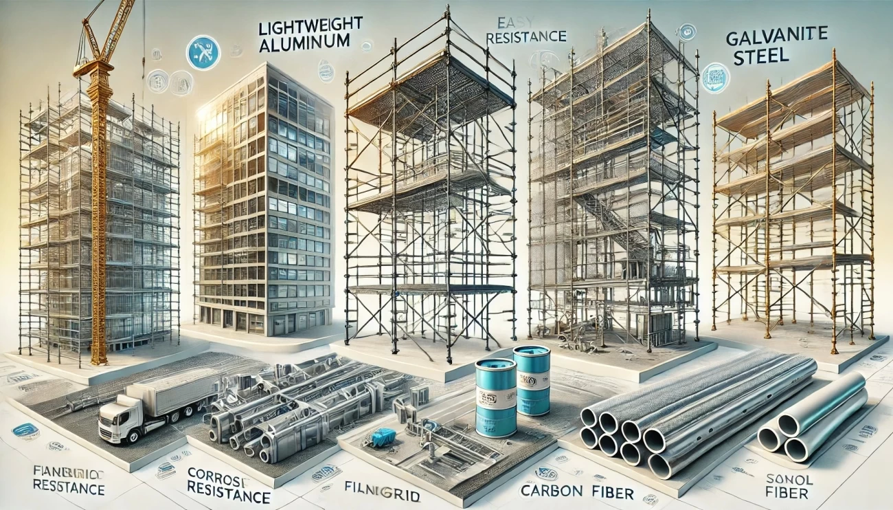 изображение, иллюстрирующее современные материалы для строительных лесов, включая алюминиевые сплавы, композитные материалы и оцинкованную сталь. 
