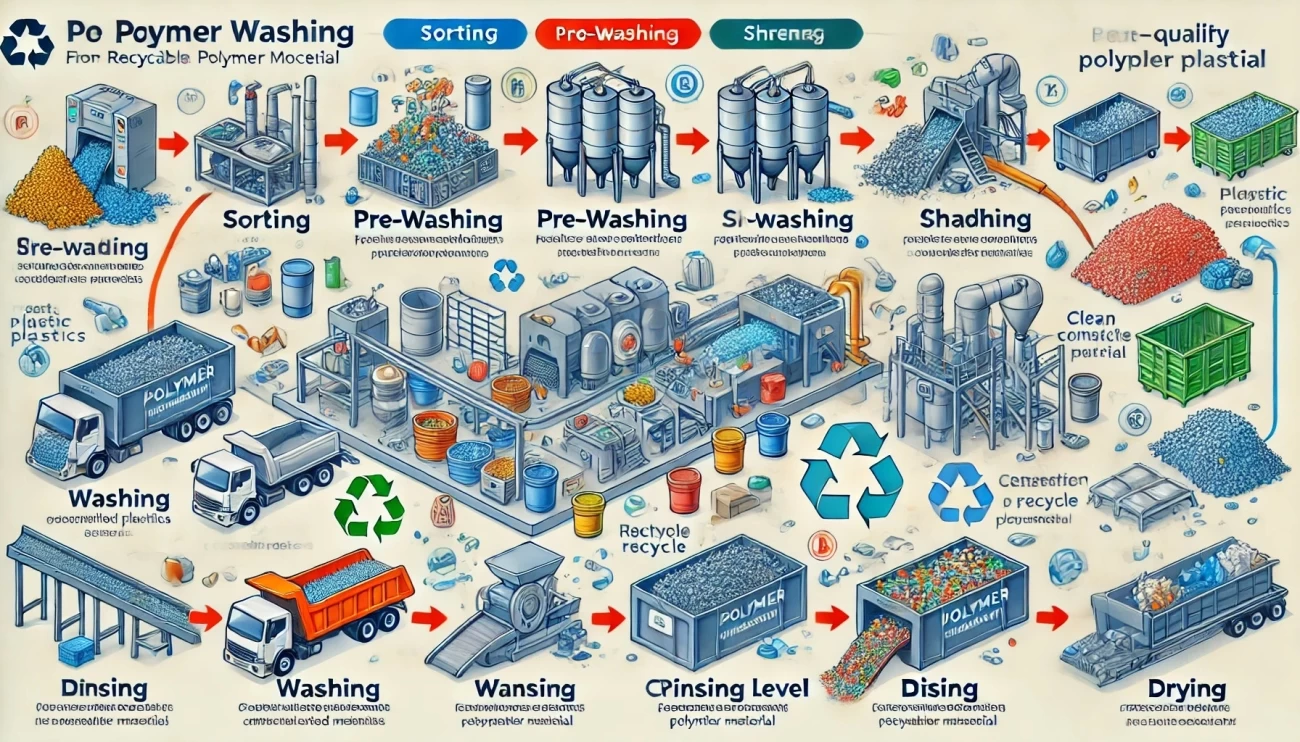 комплексный процесс мойки полимеров, подчеркивая ключевые этапы и преимущества подхода для получения чистого, перерабатываемого материала