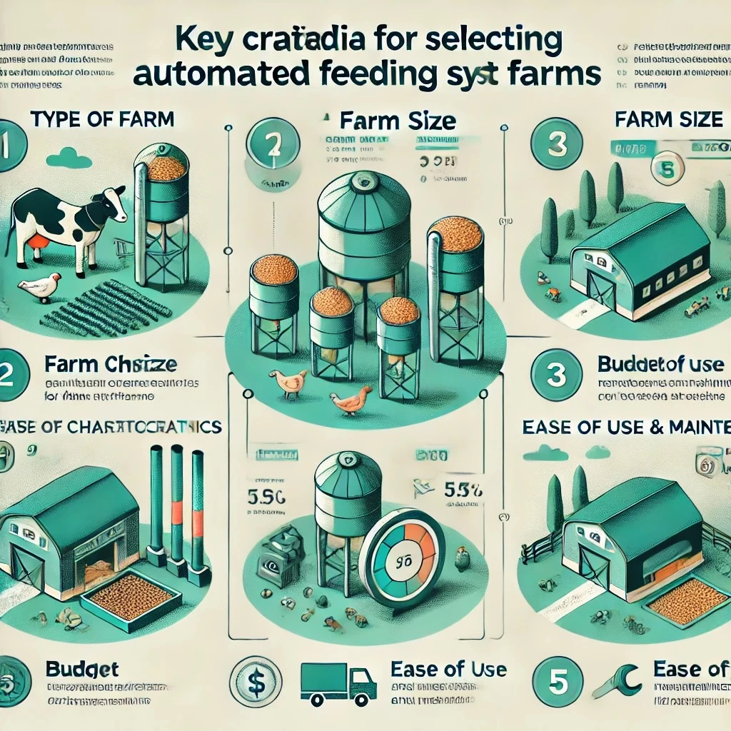 На изображении представлен инфографический стиль, визуально описывающий ключевые критерии выбора автоматизированной системы кормления для ферм. Она включает пять разделов, каждый из которых сопровождается соответствующими иконками и текстом